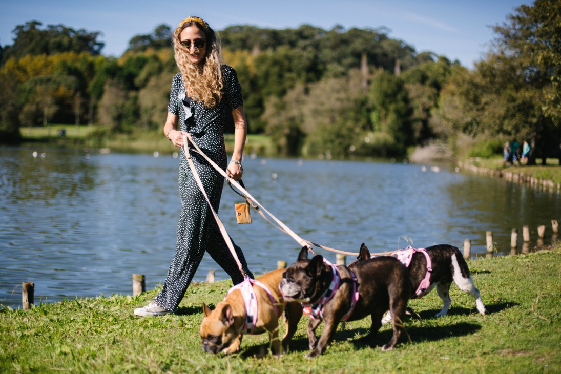 Woman walking two dogs on leash by riverside in Porto, Portugal