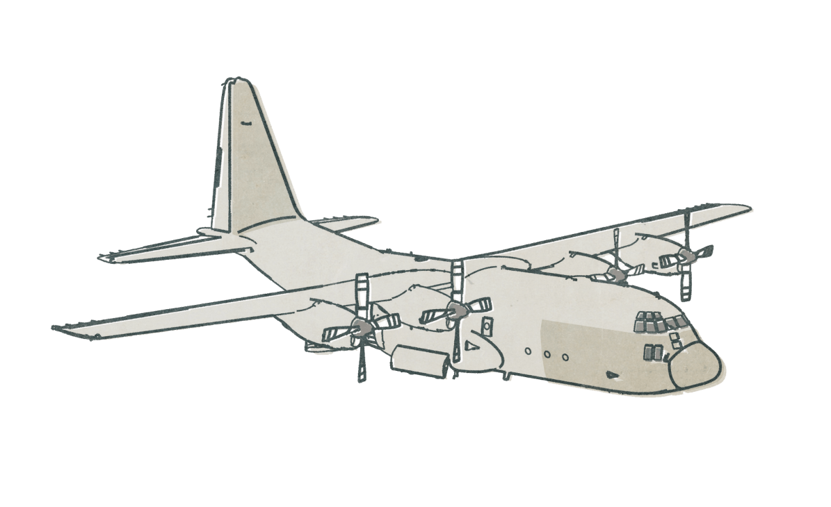 Illustration of a Lockheed Martin C-130 Hercules transport aircraft shown from the side.