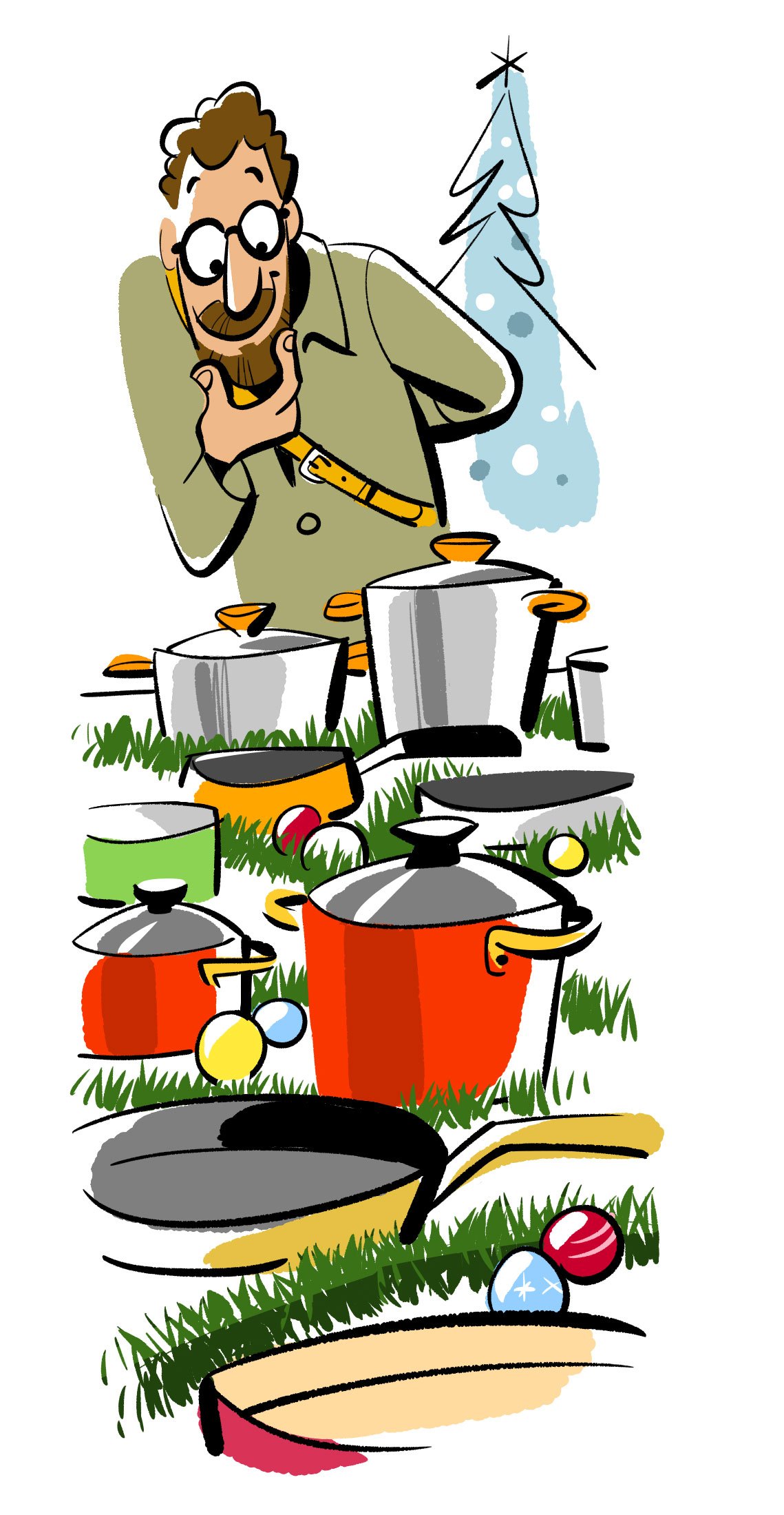 Illustration of a chef with cooking pots and pans arranged as a Christmas tree