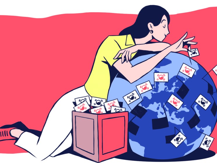 Illustration of a woman in yellow shirt placing South Korean flags on a globe against a coral background.