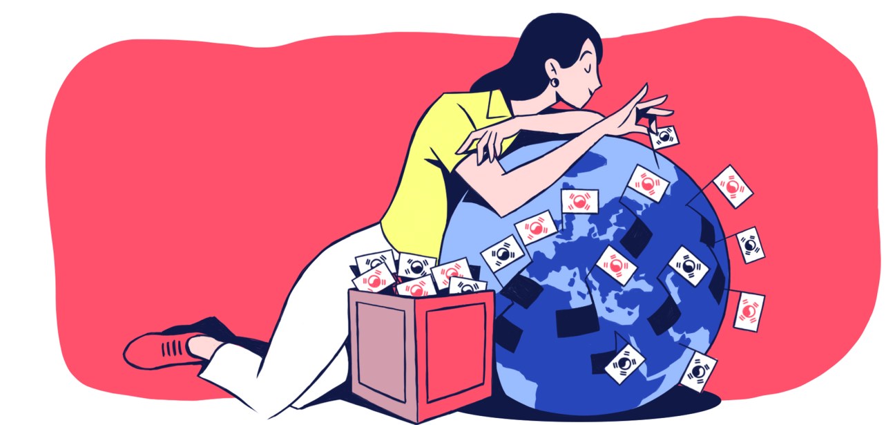 Illustration of a woman in yellow shirt placing South Korean flags on a globe against a coral background.