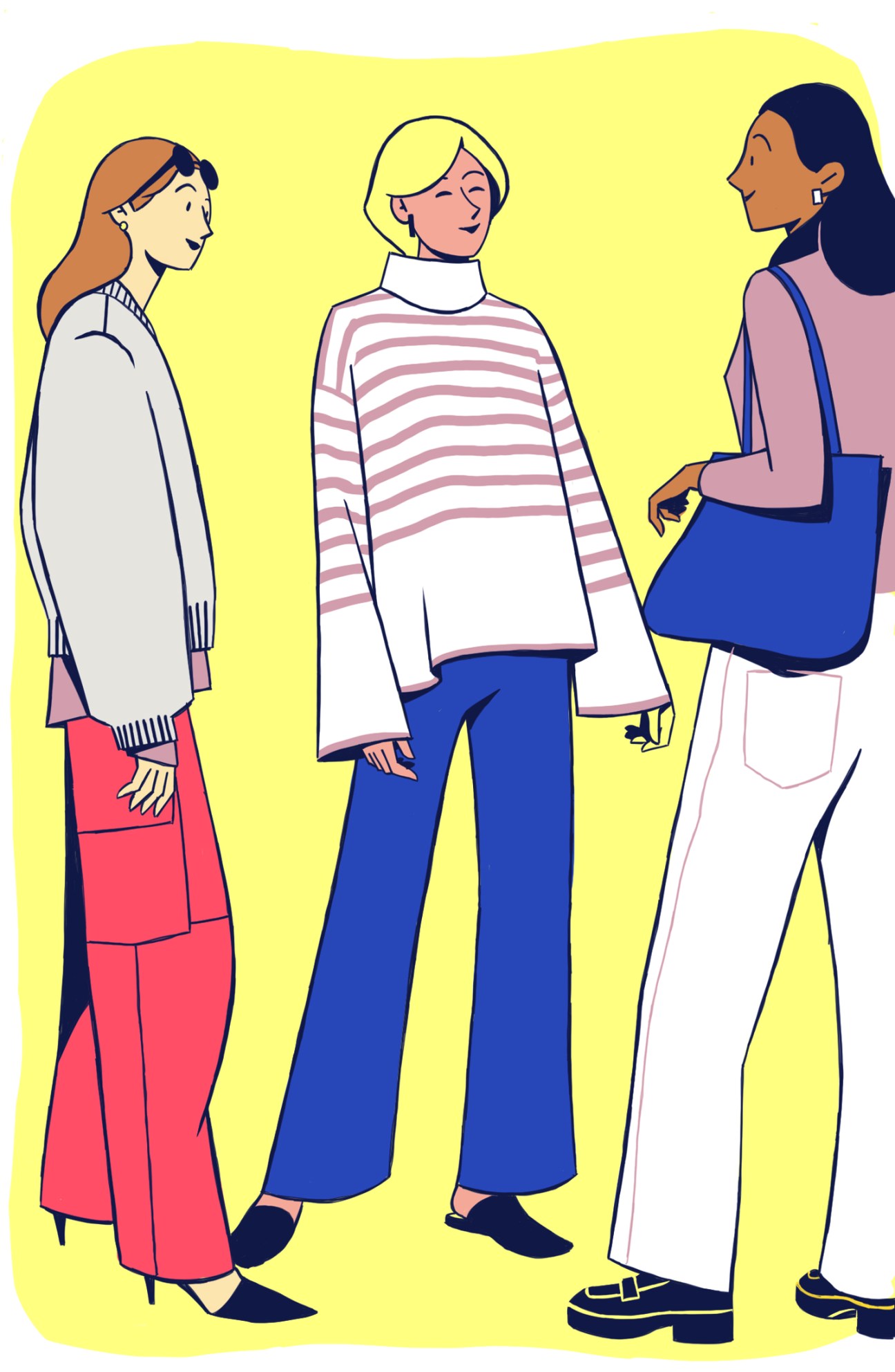 Illustration of three women wearing loose-fitting clothing including oversized sweaters, wide-leg pants, and casual styles.
