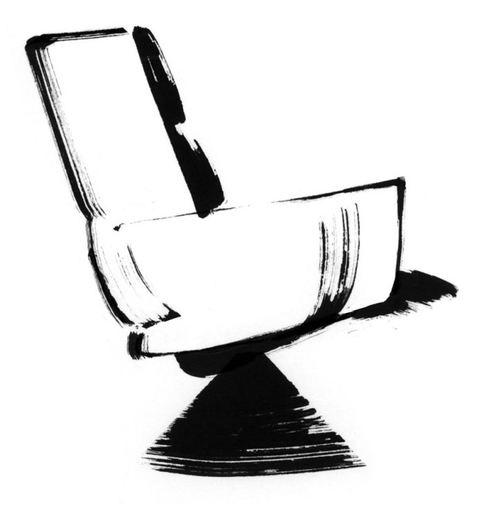 Black and white ink drawing of a modern chair with curved seat and backrest on a pedestal base