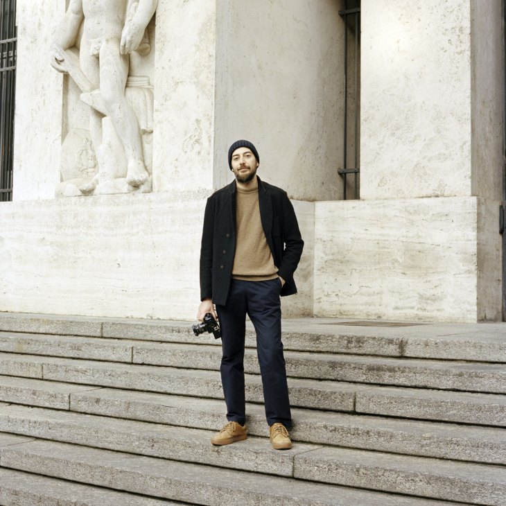 Luigi Fiano portrait shot by Elisabetta Claudio in Milan outdoor setting with professional camera