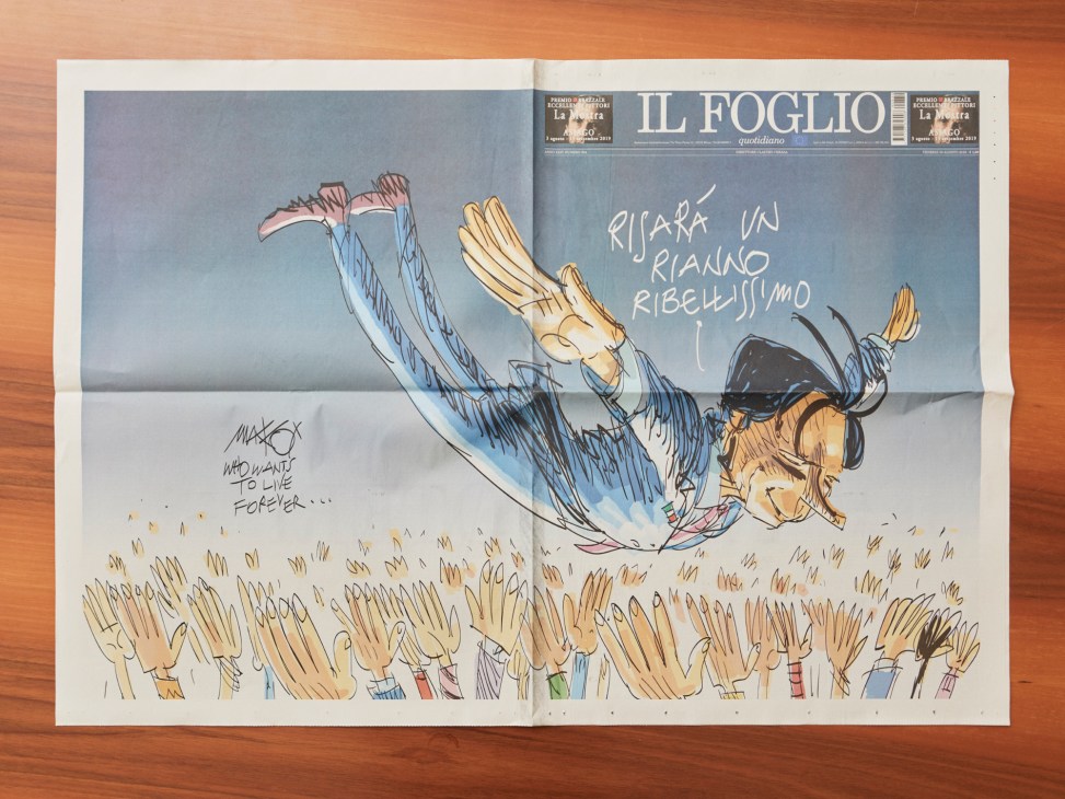 Il Foglio newspaper cover featuring political cartoon illustration with Italian text.