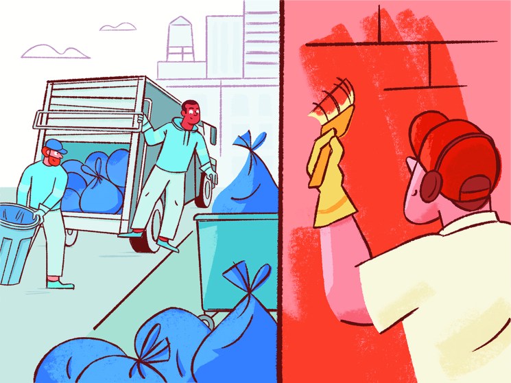 Illustration showing urban contrast with garbage truck and workers on left, woman with headphones on right
