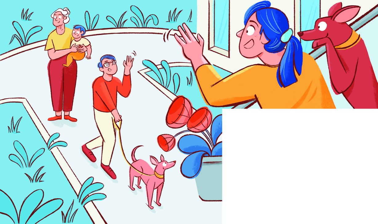 Illustrated scene showing people waving from windows and balconies of residential buildings with communal gardens