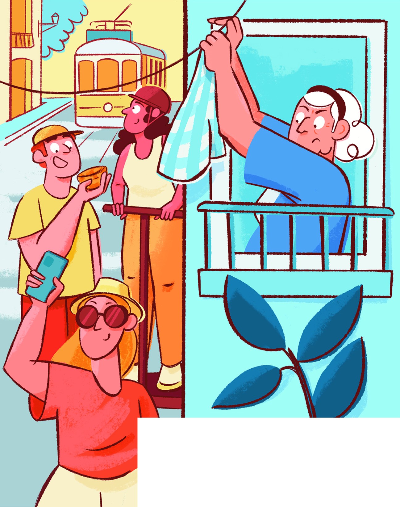 Colorful illustration of urban community life with neighbors interacting across apartment balconies and street level