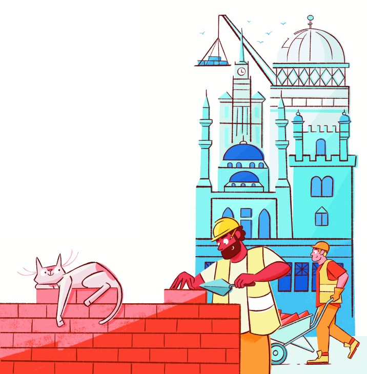 Illustrated street scene with Middle Eastern architecture, workers with wheelbarrow, and cat on brick wall