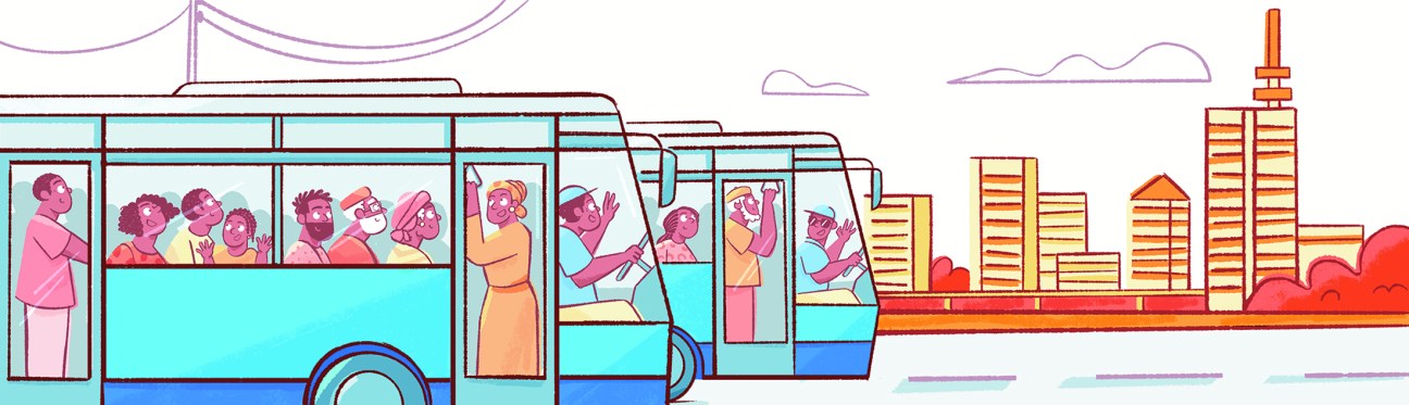 Stylized illustration of a bus filled with diverse passengers traveling through an urban cityscape