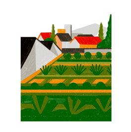 Stylized illustration of rooftop farm with green terraced fields, buildings, and agricultural elements