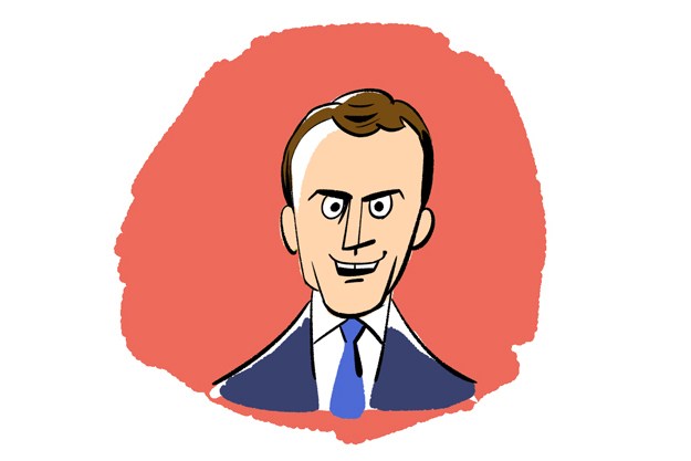 Illustration of Emmanuel Macron, French president, with brown hair and blue tie against red background.