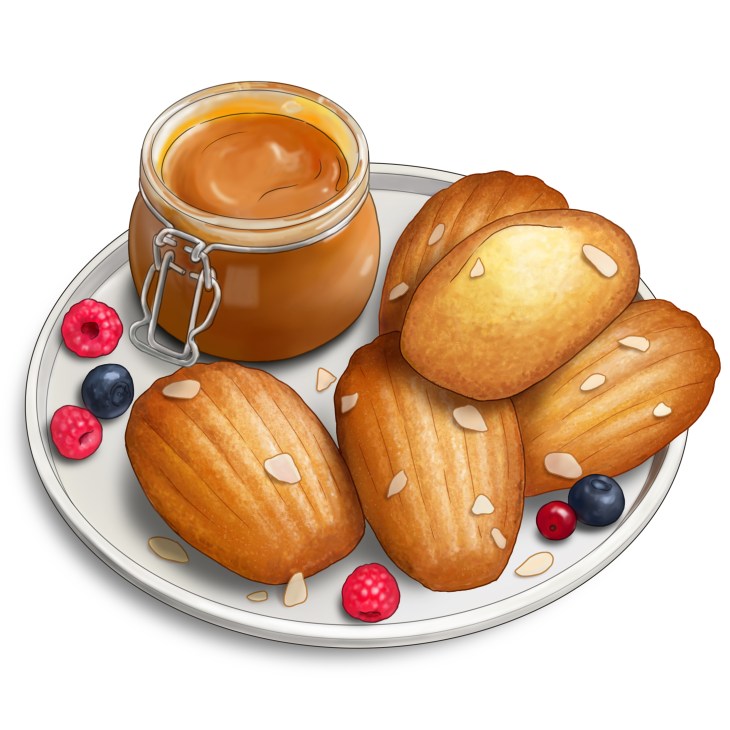 Golden shell-shaped madeleines with ridged texture arranged on white plate with jar of spread and fresh berries