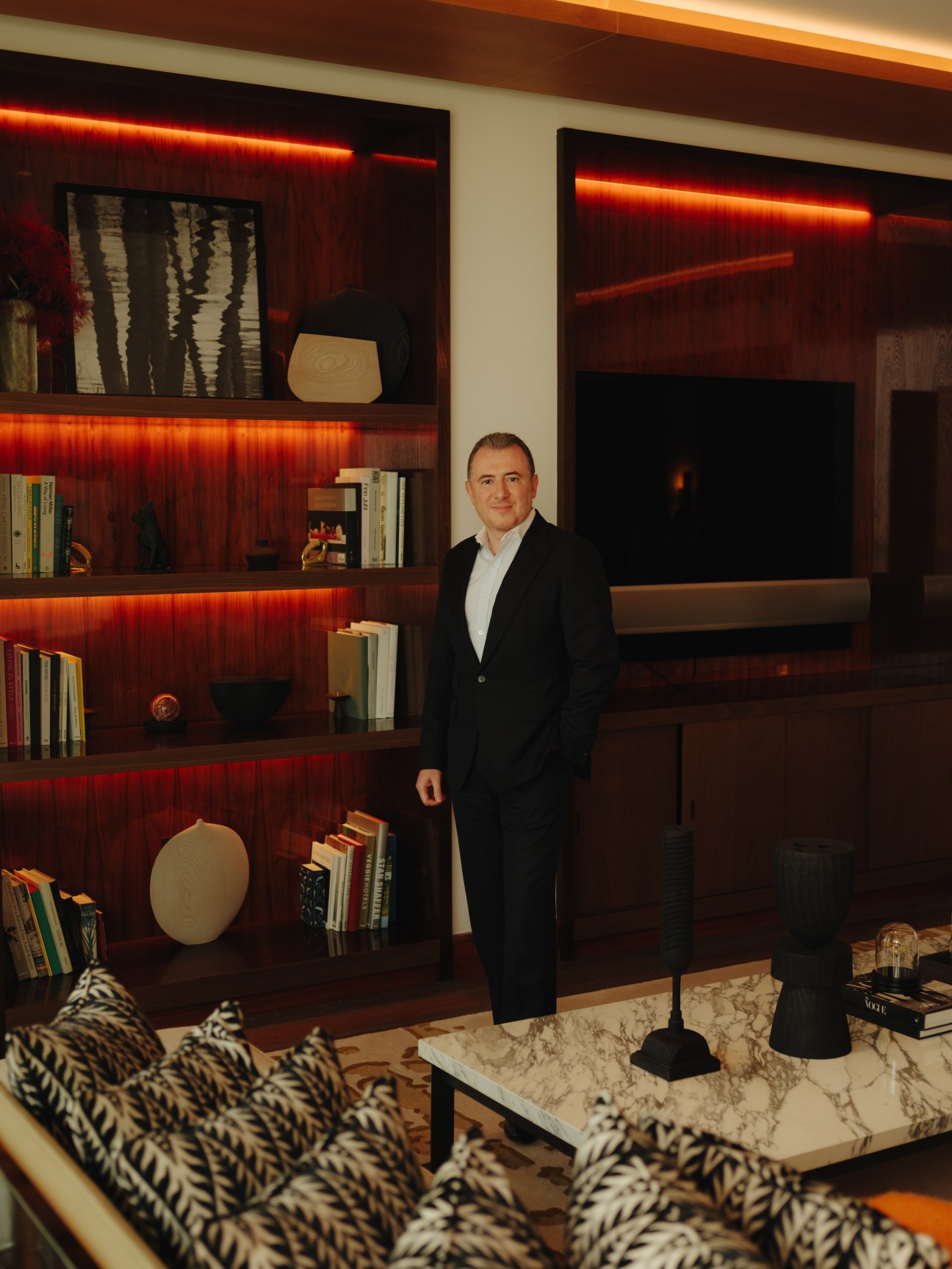Mahdi Amjad, founder and executive chairman of Omniyat, standing in apartment 801 of The Lana in Dubai.