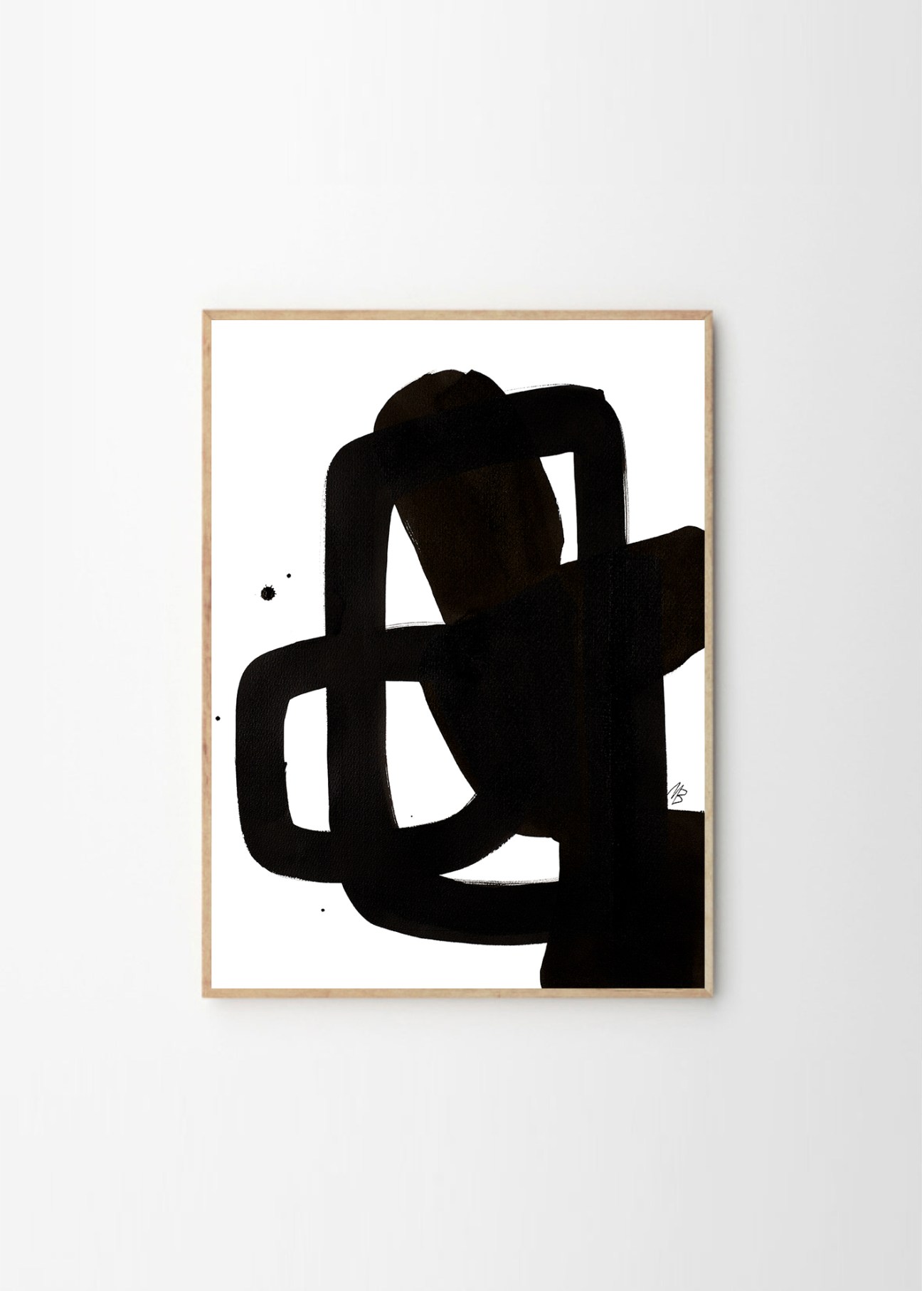 A framed abstract artwork with organic forms and muted colours hanging on a white wall