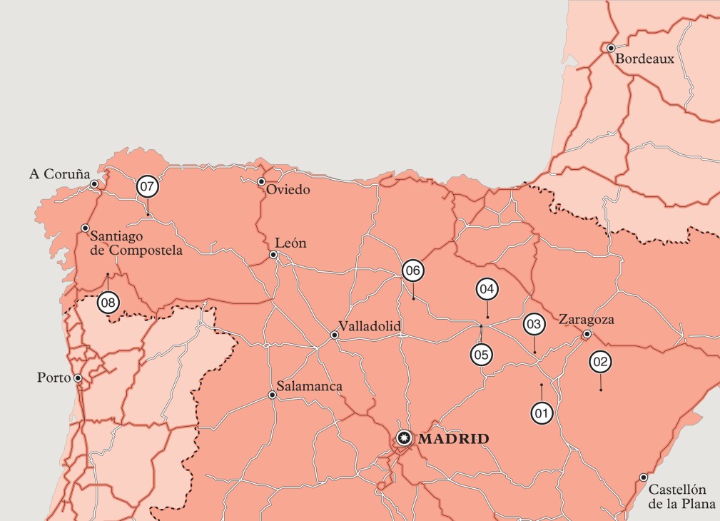Map of northern Spain showing numbered stops from Aragón to Galicia with cities like Madrid, Zaragoza, and major routes