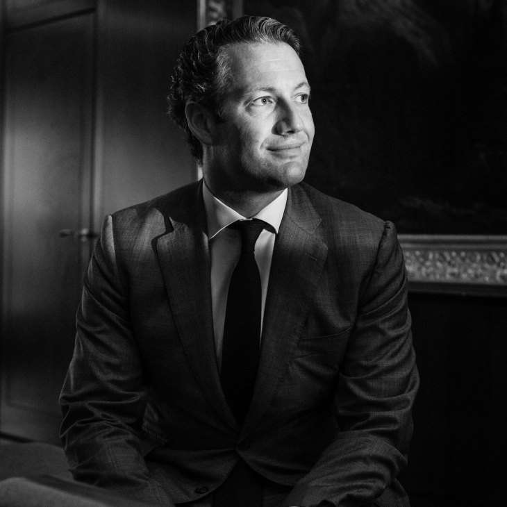 Portrait of Marc Pictet, President of Fondation pour Genève, in a black and white photograph