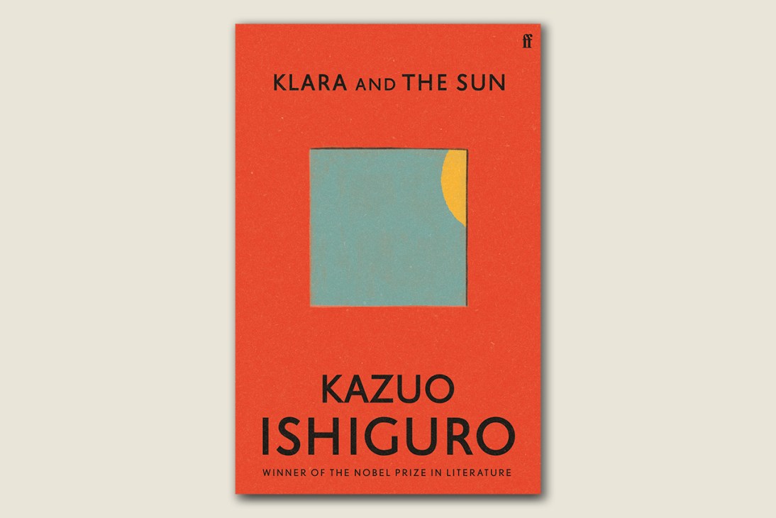 Book cover for Klara and the Sun by Kazuo Ishiguro featuring red background with geometric design