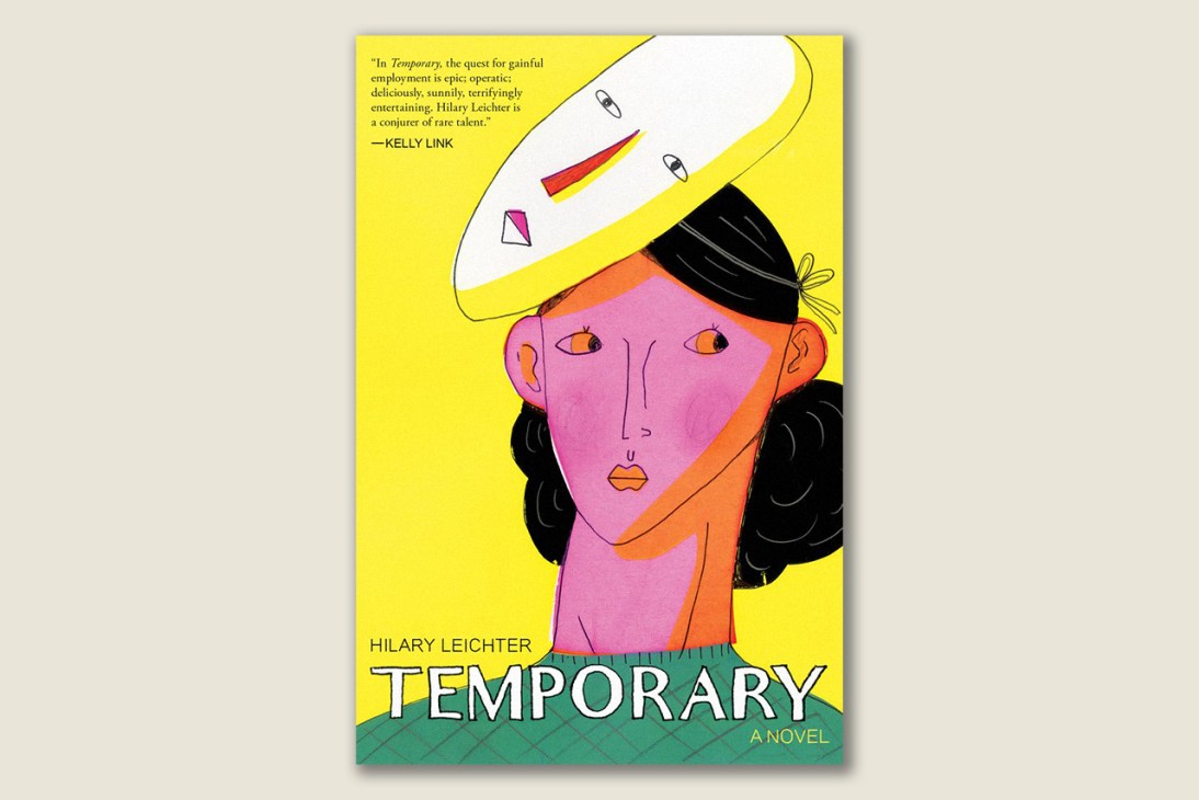 Book cover for Temporary by Hilary Leichter featuring illustrated portrait of a figure with pink face and yellow background