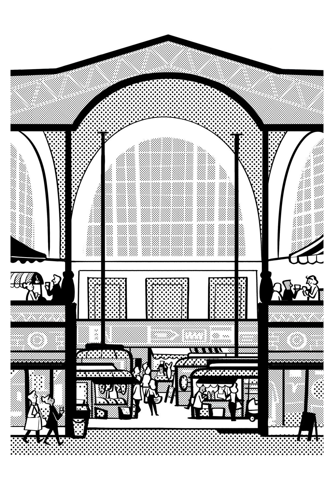 Cross-section illustration of a two-story food market with vendors, seating areas, and shoppers