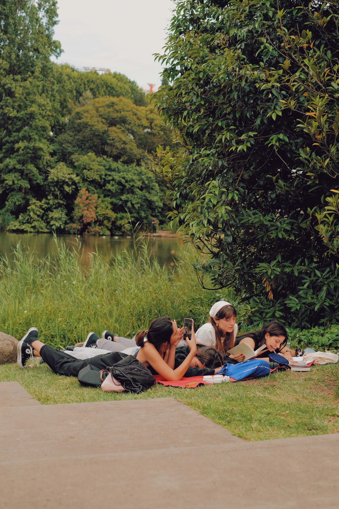 Young people relaxing by a riverside in an urban green space, one taking a photograph