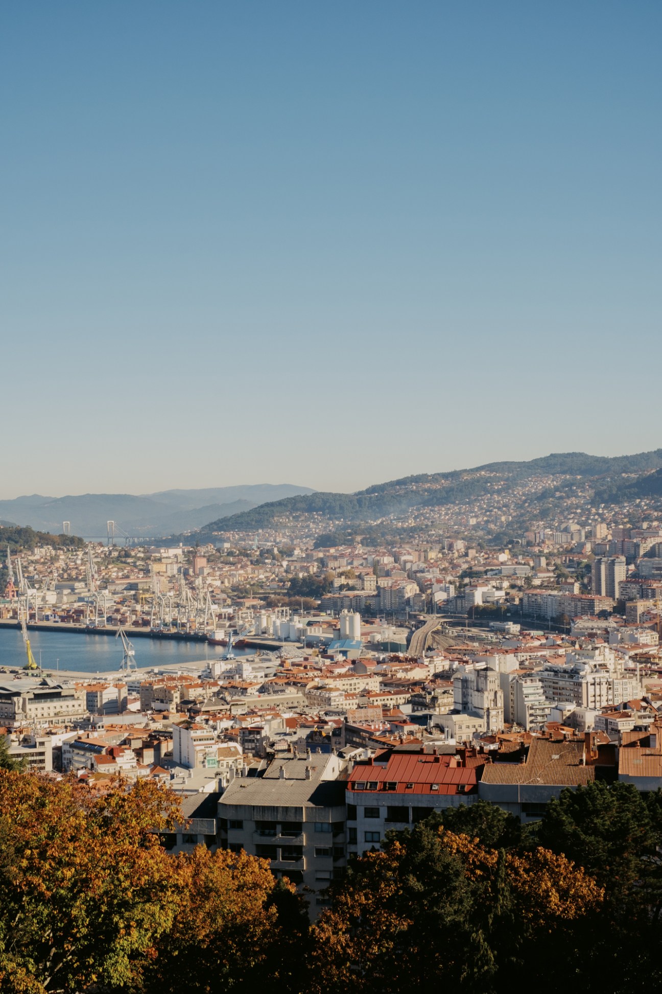 Panoramic view of Vigo city from Parque Monte do Castro showing urban landscape and estuary