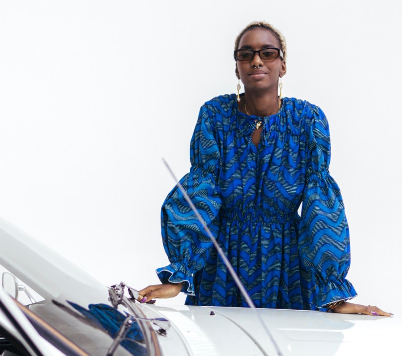 Youssouf Fofana from Maison Château Rouge wearing blue patterned African wax fabric shirt in Paris