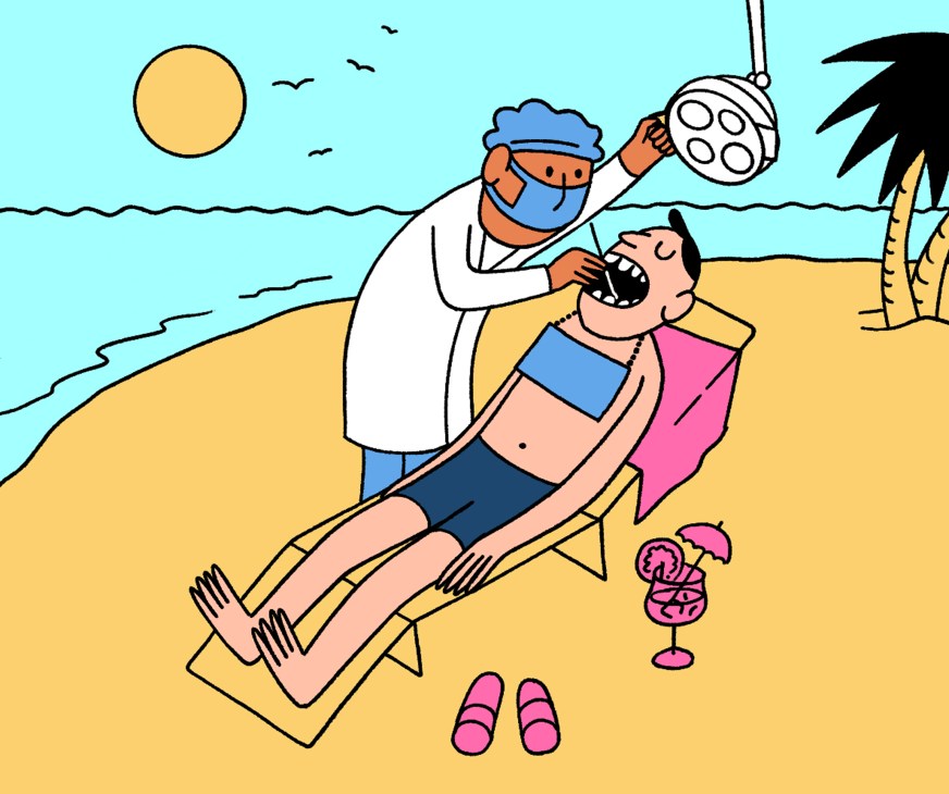 Illustration of a dentist treating a patient on a beach chair under the sun.