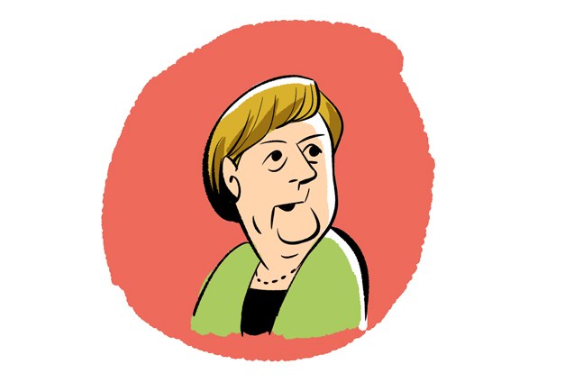 Illustration of Angela Merkel, German Chancellor, with blonde hair wearing a green jacket against a red background.