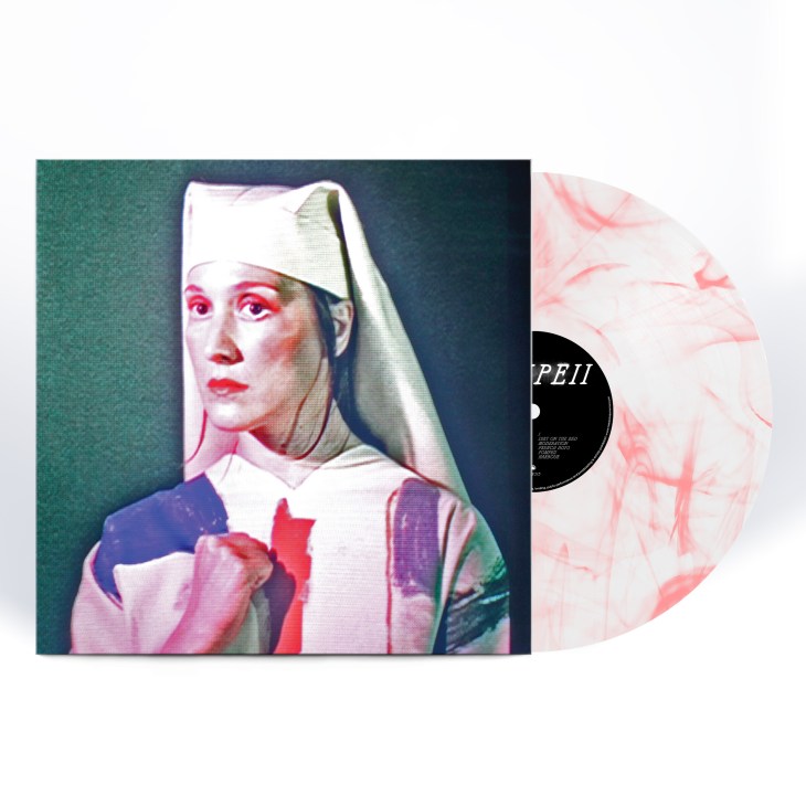 Album cover for Pompeii by Cate Le Bon featuring a marbled pink and white vinyl record with album artwork