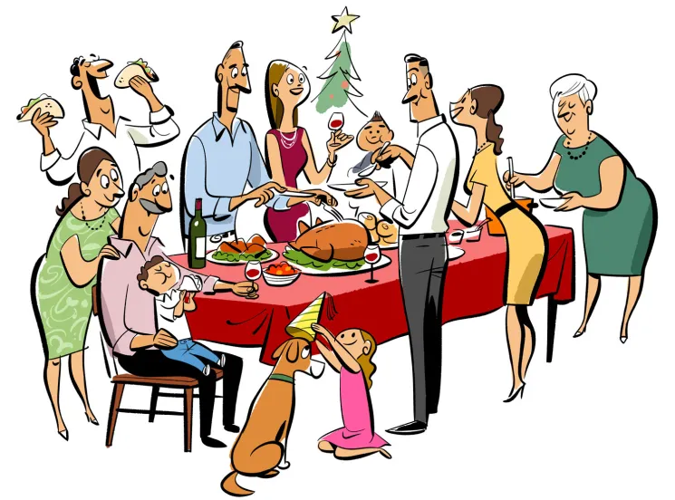 Cartoon illustration of a multi-generational family gathered around a Christmas dinner table with holiday food and decorations