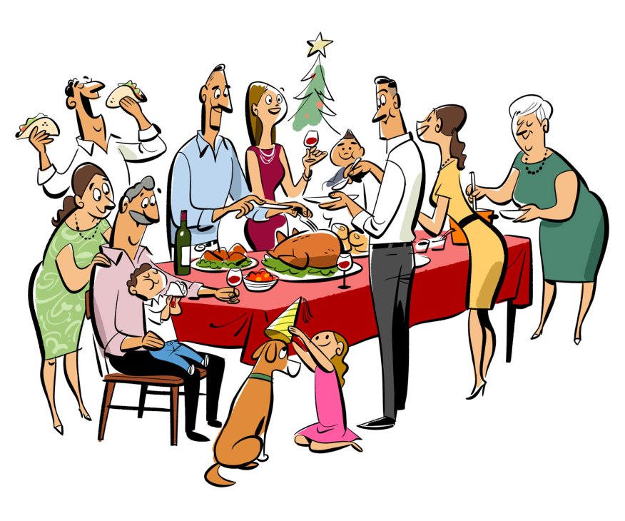 Cartoon illustration of a multi-generational family gathered around a Christmas dinner table with holiday food and decorations