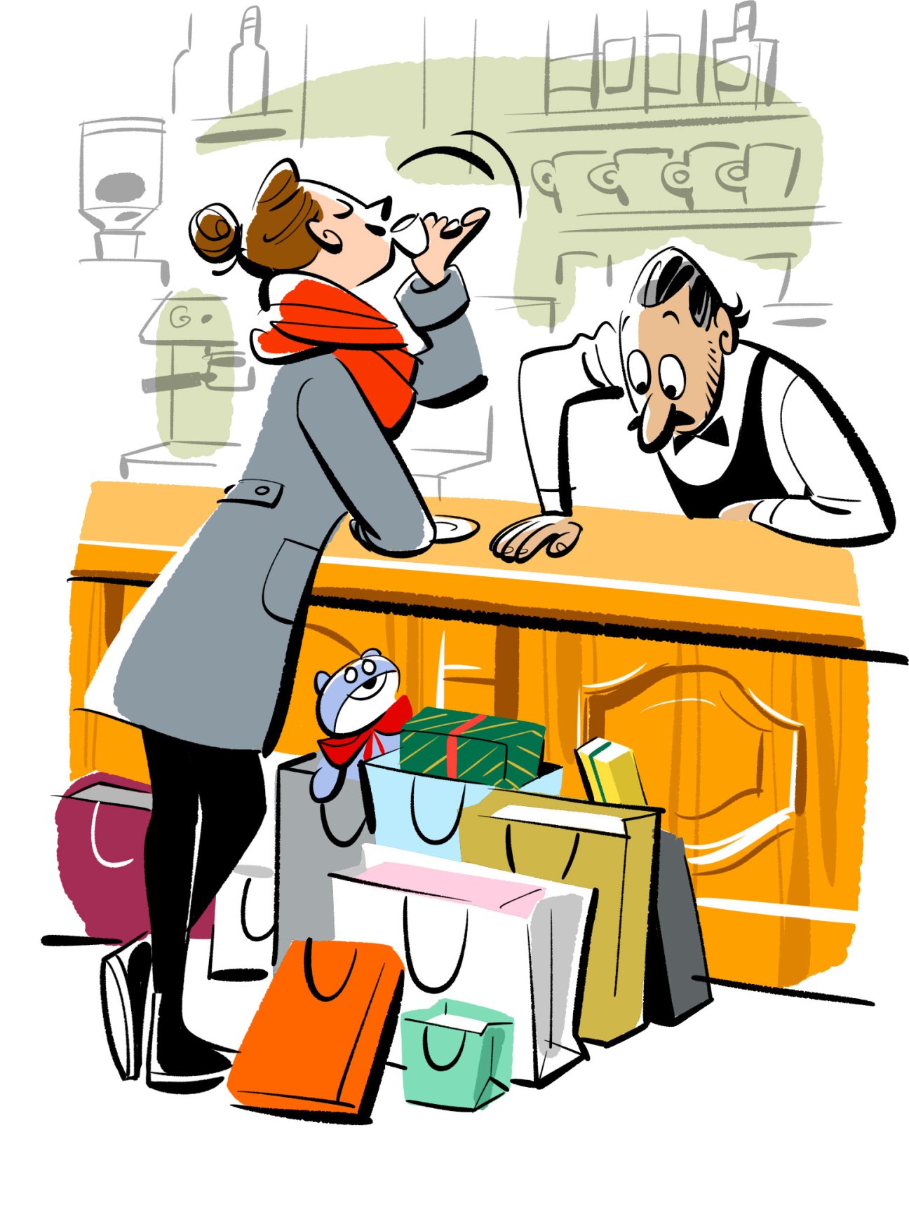 Illustration of woman drinking coffee at bar counter with bartender and shopping bags nearby
