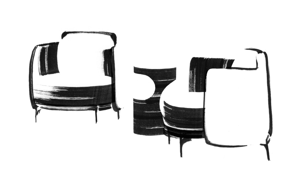 Sketch of two modern armchairs with horizontal striped fabric detailing by Minotti.