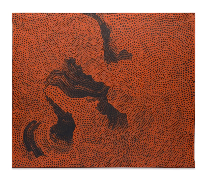 Abstract artwork featuring a silhouetted figure composed of small black dots against an orange dotted background by Yayoi Kusama.