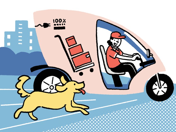 Illustration of a delivery driver in a red uniform operating an electric three-wheeler van with packages, a dog running alongside, and city buildings in the background.