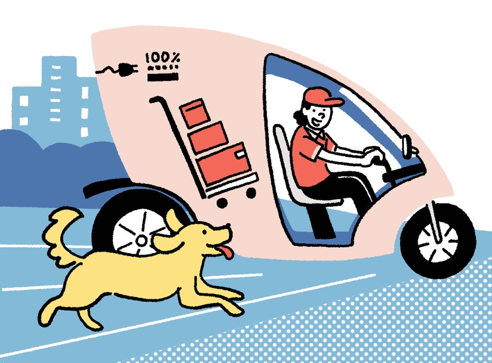 Illustration of a delivery driver in a red uniform operating an electric three-wheeler van with packages, a dog running alongside, and city buildings in the background.