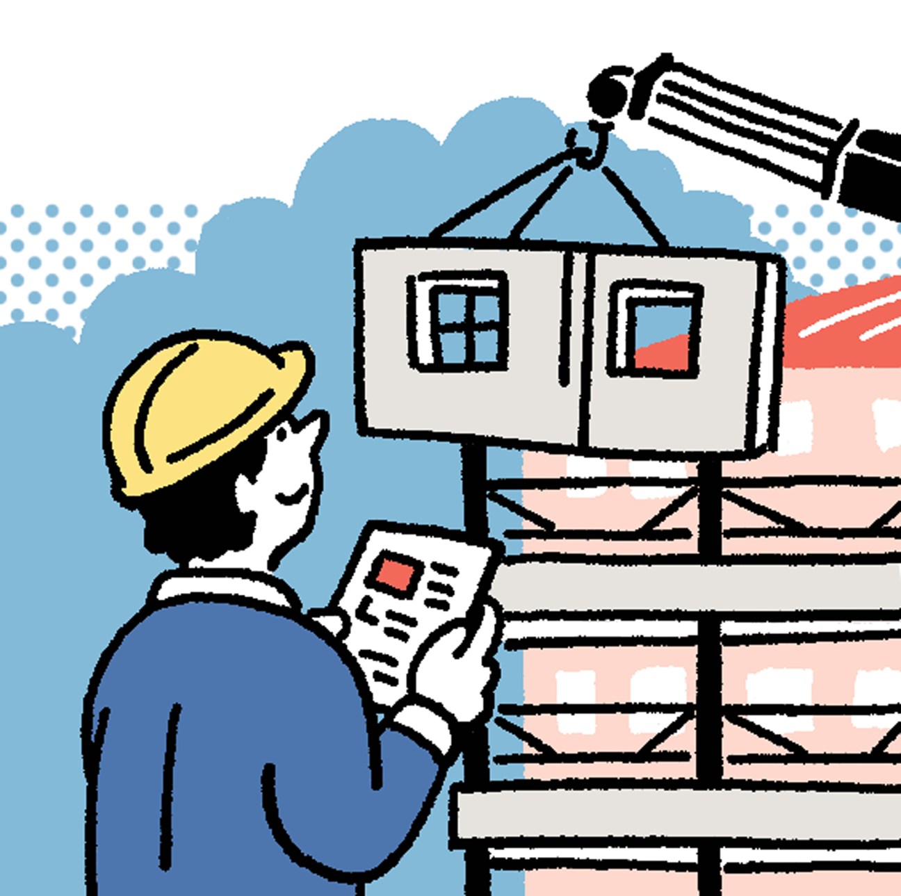 Illustration of a construction worker in a yellow hard hat holding a tablet, overseeing a building retrofit with solar panels and energy-efficient upgrades.