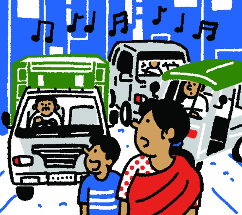 Mother and child in traffic jam with musical notes, surrounded by cars and drivers