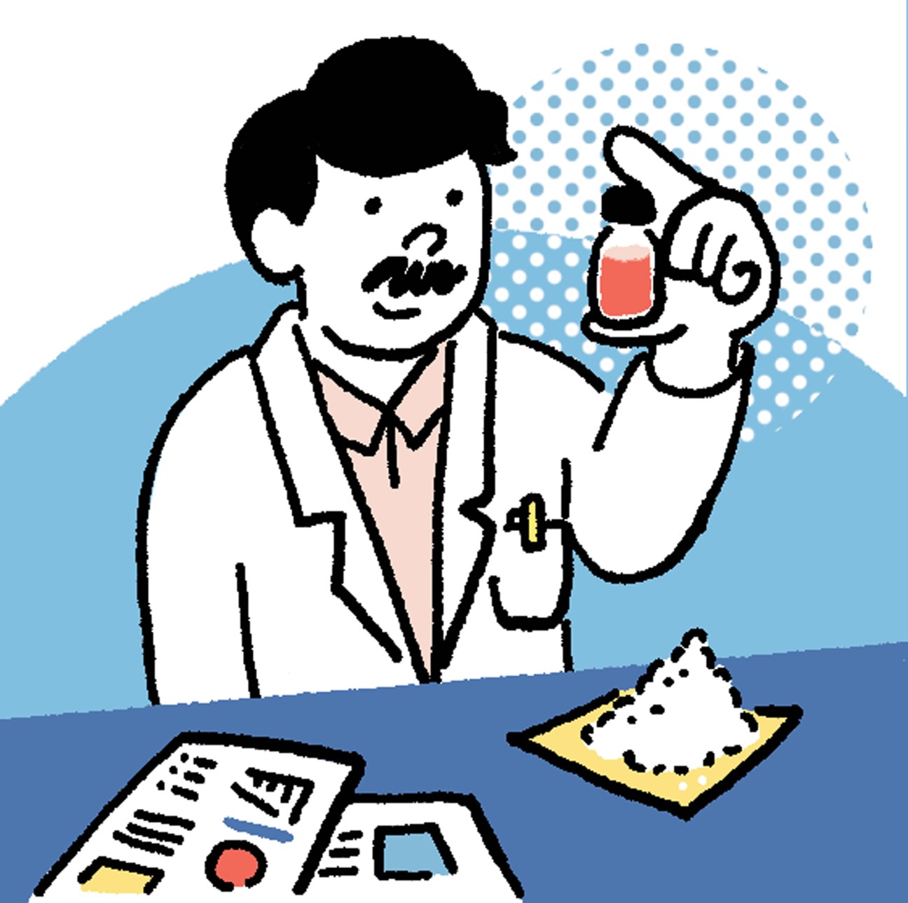 Illustration of a man in a lab coat holding a red liquid container with scientific materials below.