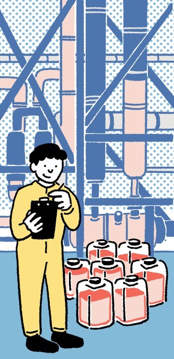Illustration of person in yellow holding tablet with red containers below against patterned building backdrop.