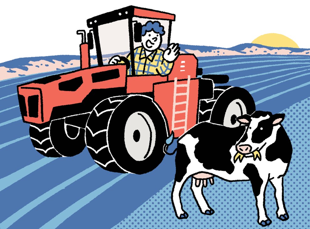 Illustration of a farmer in a red tractor with a cow in a field under a blue sky.
