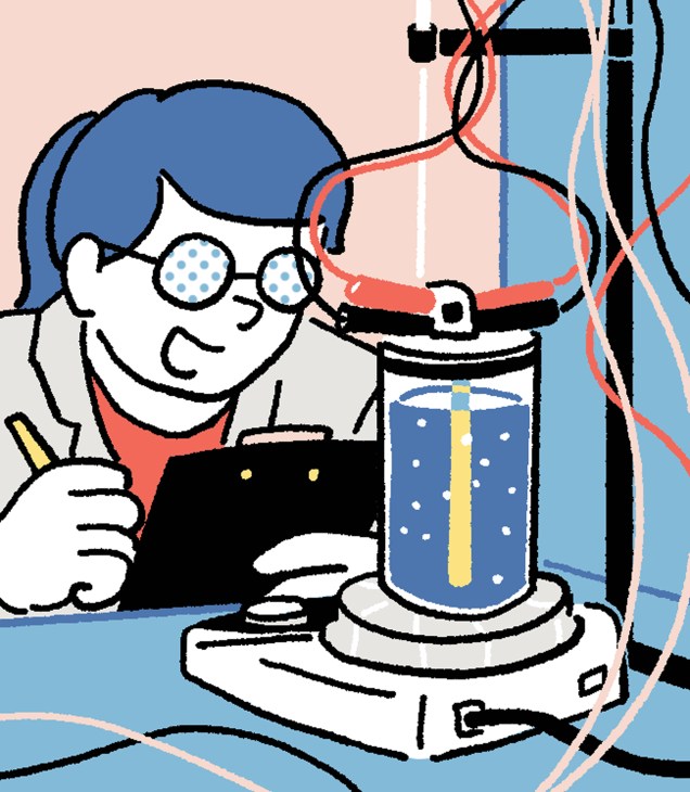 Illustration of a person with glasses conducting a hydrogen water-splitting experiment with laboratory equipment and wires.
