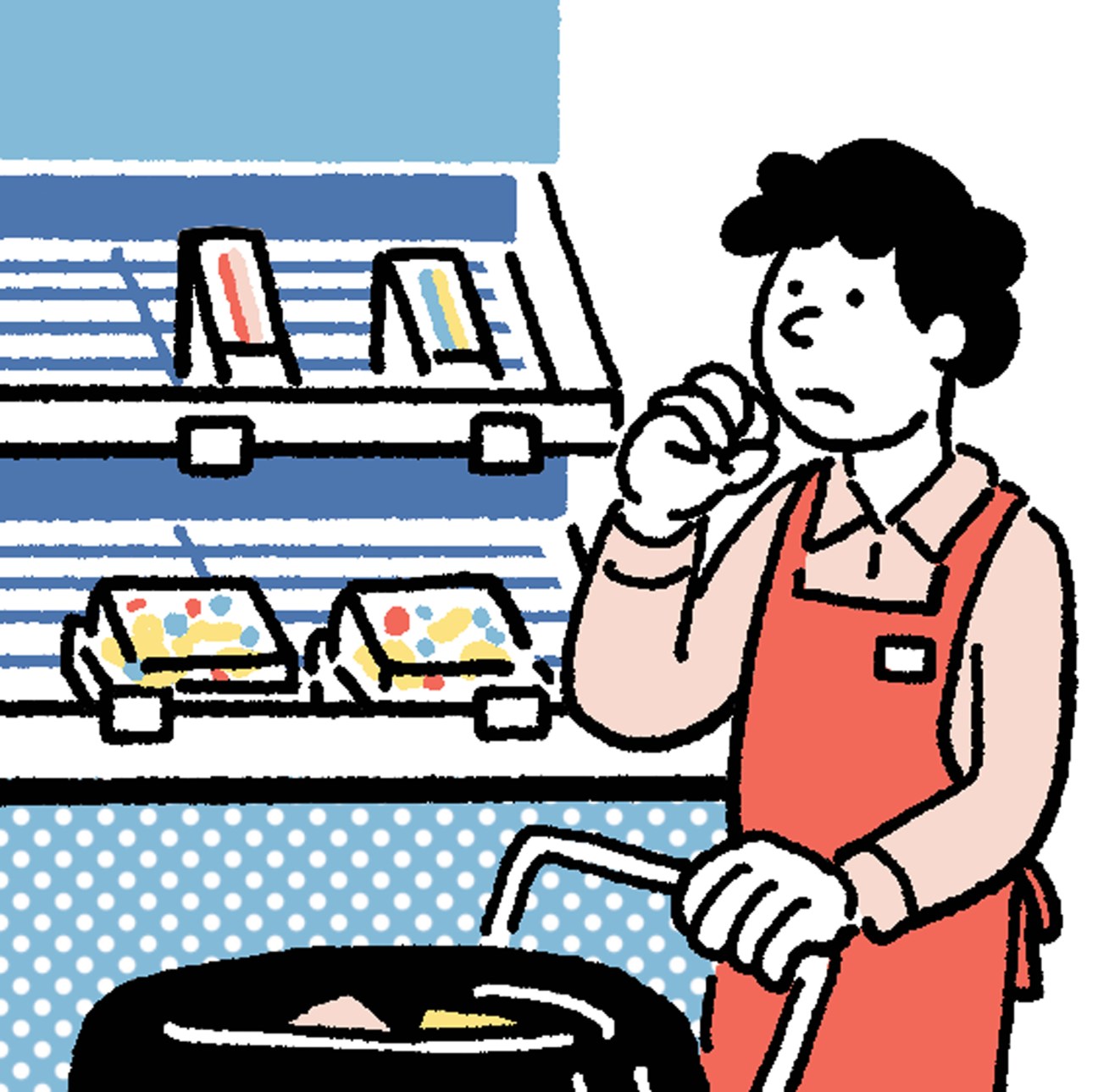 Illustration of a person in an apron sharing food from shelves, representing the Olio food-sharing app.