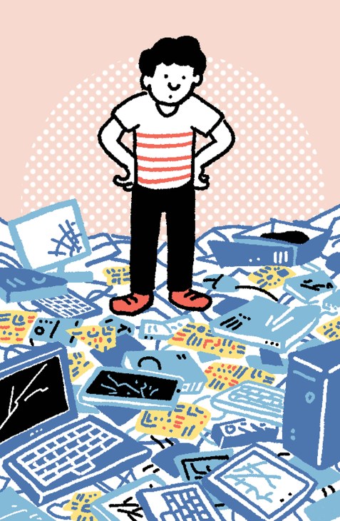 Illustration of a smiling person standing amid scattered electronic waste including laptops, keyboards, and circuit boards.