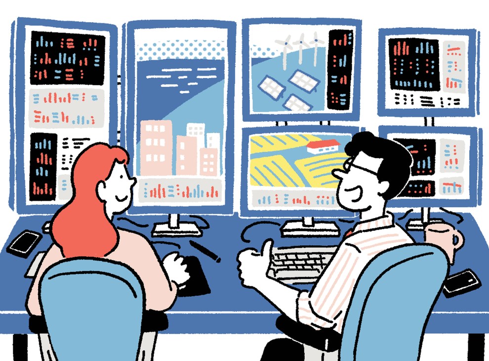 Illustration of two people viewing multiple data screens displaying analytics and charts in an office setting.
