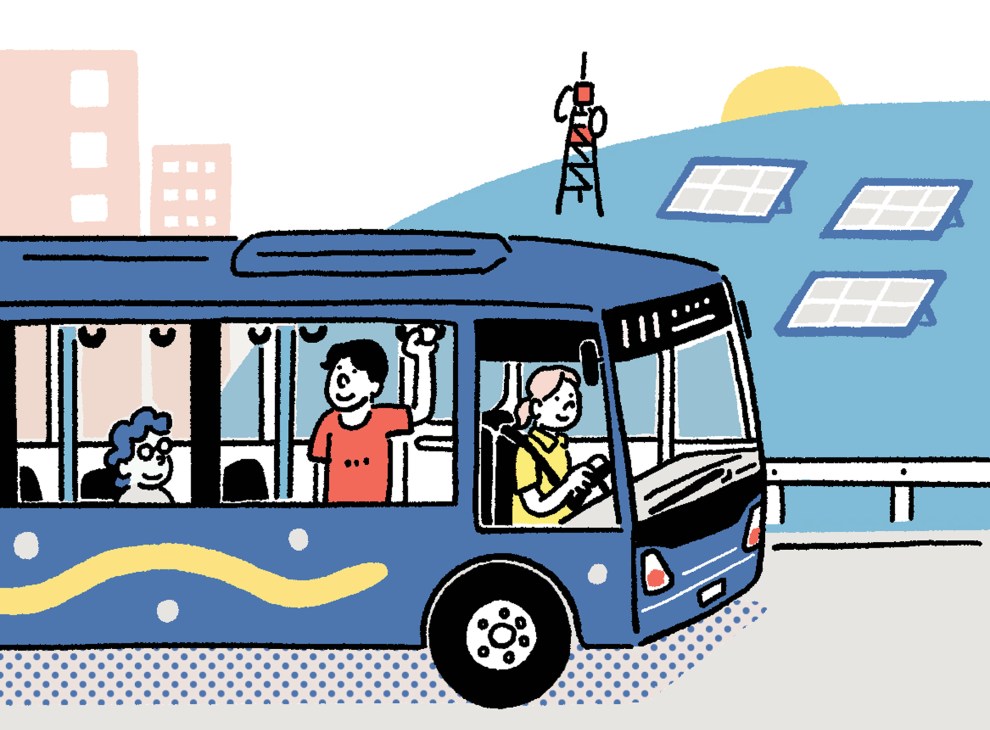 Illustration of a blue bus with passengers near rural buildings and solar panels against a landscape with communication tower and sun.
