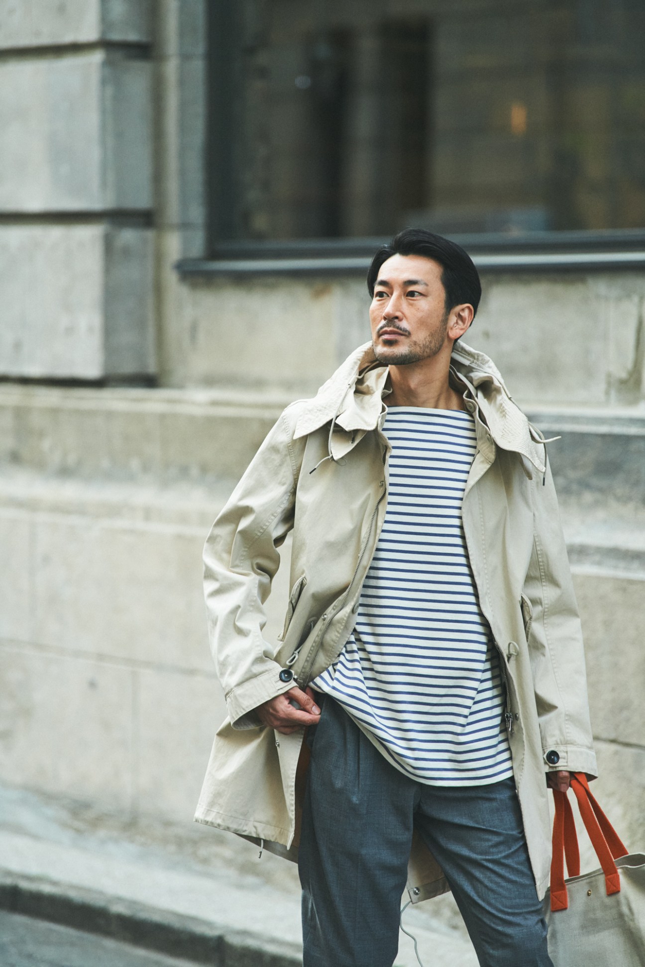 Model wearing contemporary Japanese fashion on urban street