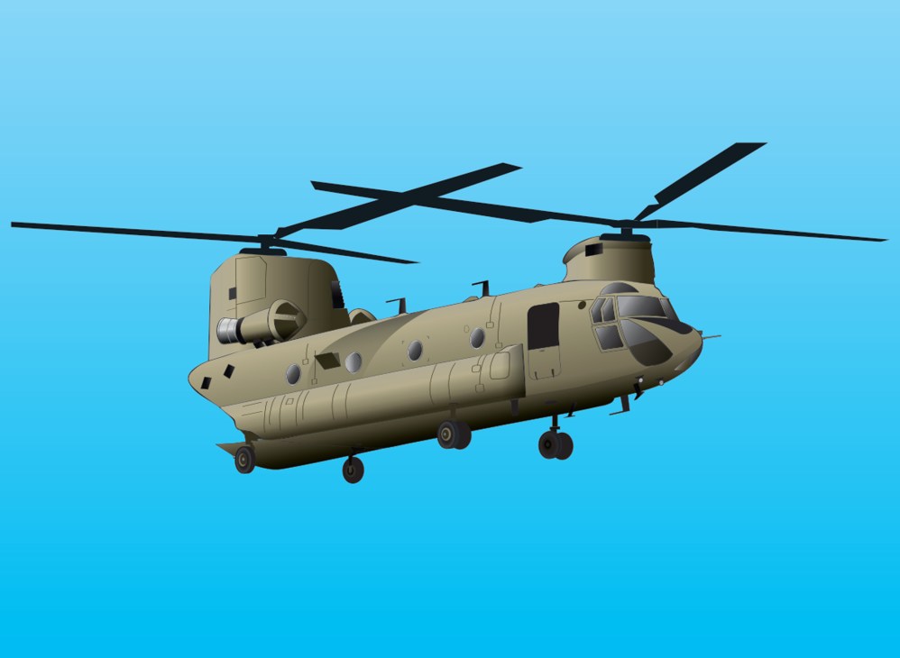 Boeing CH-47F Chinook helicopter illustration in tan military colors against blue sky