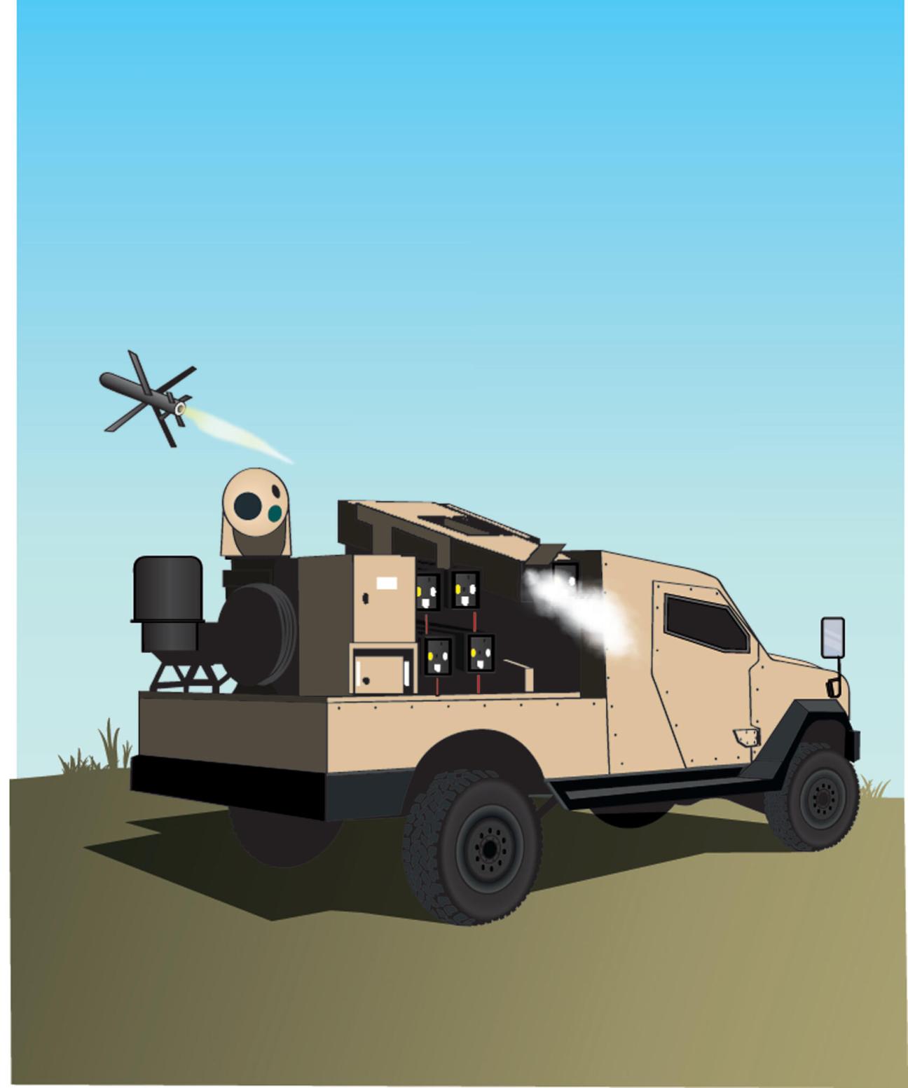 Illustration of a military vehicle with missile launcher mounted in truck bed firing at aircraft above